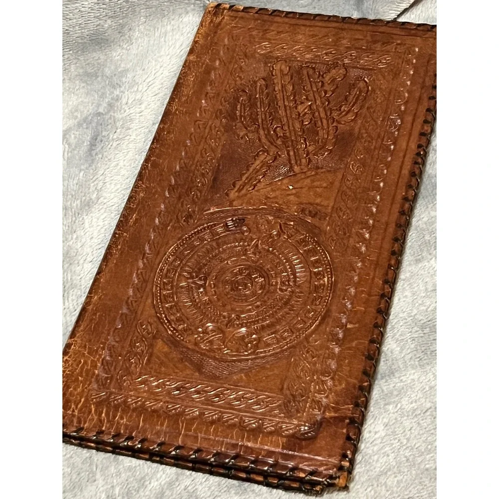 Vintage Tooled Leather Checkbook Wallet Southwest Cactus Aztec Design